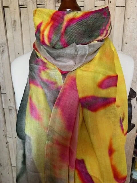 100% pure woven silk yellow multi tie-dye digital print pashmina by Pashmina Love