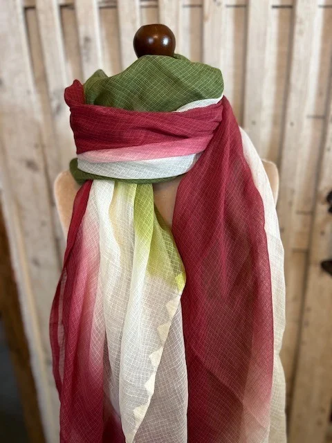 Large raspberry green cream ombre fine wool blend pashmina shawl scarf wrap