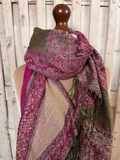 Magenta pink shimmer paisley tassel end pashmina scarf view 5