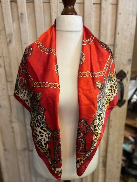 Vintage red leopard print swirls scrolls silky feel square scarf view 4