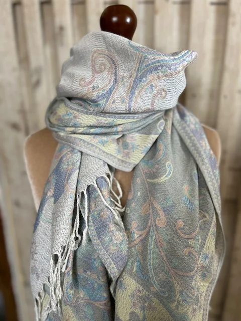 Silver grey blue paisley print acrylic viscose blend pashmina