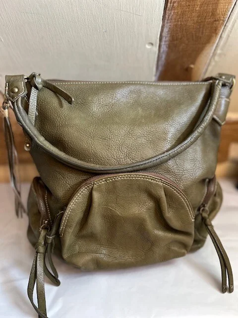 Large BLONDIE MANIA olive khaki rustic leather slouch sac boho hobo shoulder bag view 3