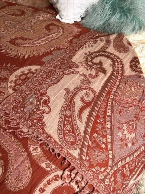 Indian pure wool sienna patterned reversible blanket throw knotted tassels view 3