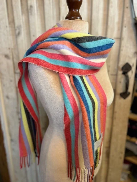BAILEY pure lambswool striped multi-coloured scarf with tassels. view 3