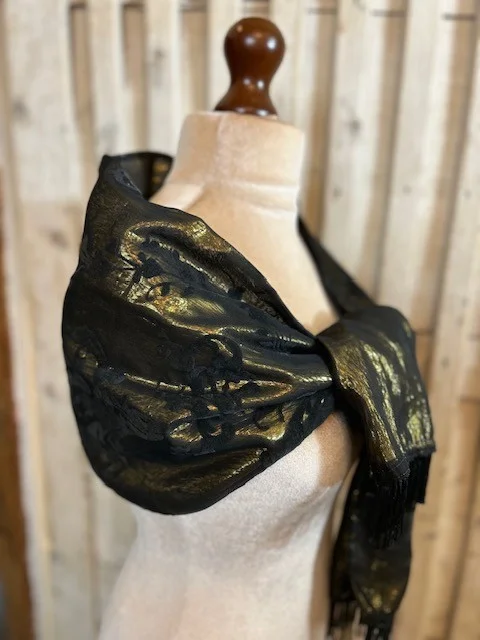 Black gold silky satin evening scarf wrap with black devore flowers & tassels view 5