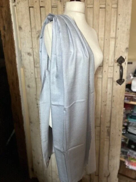 Ash blue 4 side fringe fine merino & cashmere pashmina by Pashmina Love. view 4