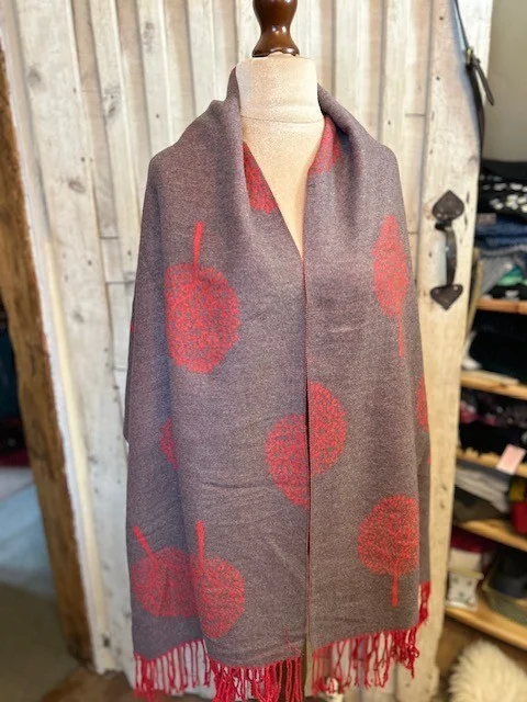 LUCKY red grey reversible tree pattern knit pashmina scarf shawl view 4