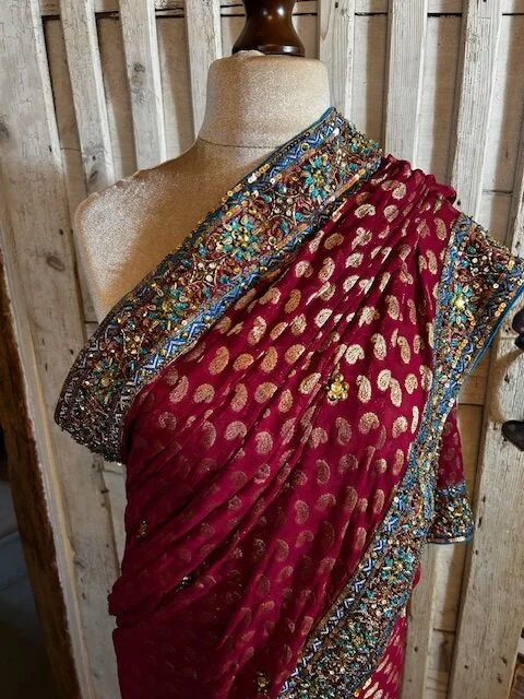 Amazing quality heavily beaded red silk wedding saree sari view 2