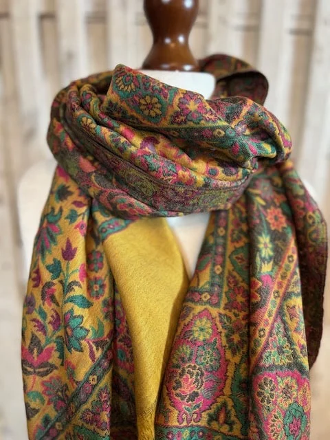 Gold traditional Kani floral reversible fine wool shawl by Pashmina Love