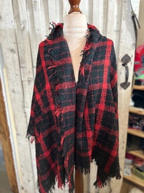 Beautifully soft black red plaid check loose knit fringe edge scarf shawl view 3