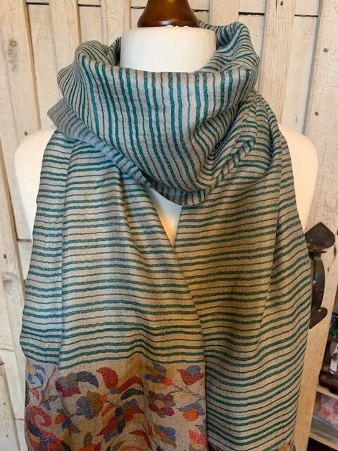 Green multi Gulab Palla stripe & floral merino wool reversible pashmina stole by Pashmina Love