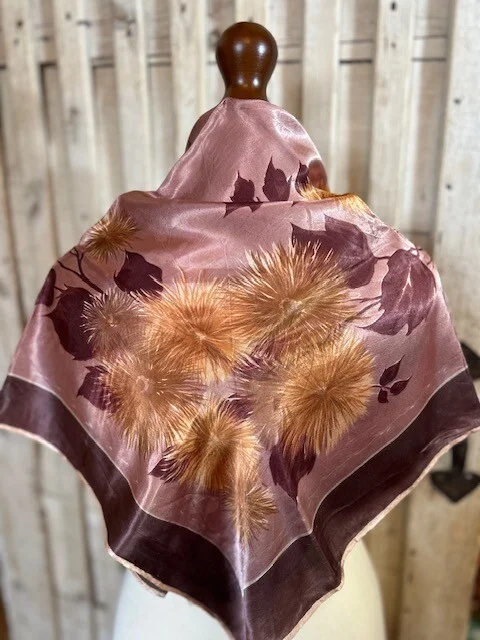 Vintage satin browns beige & golds floral hand finished square scarf accessory