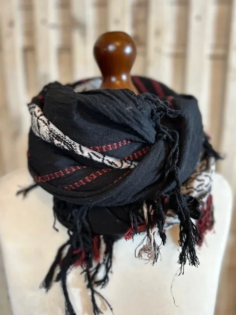 Black cotton embroidered boho hippy tassel edged pashmina shawl view 2
