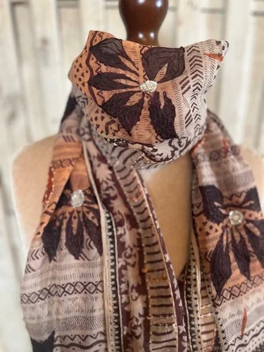 Brown pure silk long patterned scarf with embroidery & sequins