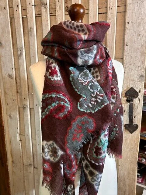 Superfine merino wool burgundy paisley embroidered pashmina by Pashmina Love. view 2