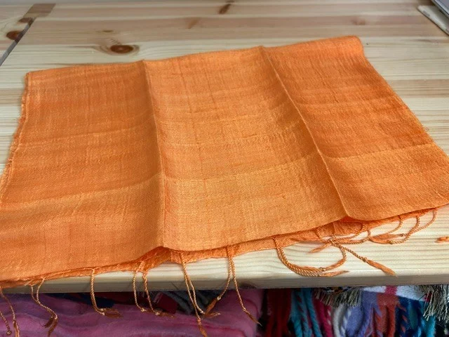 Tangerine orange pure slub silk tassel end muffler scarf view 5