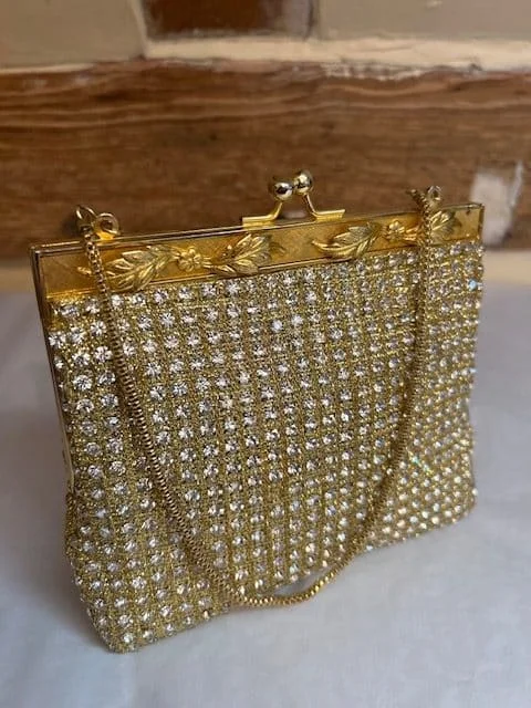 Stunning quality vintage gold diamonte beaded evening clutch handbag view 3