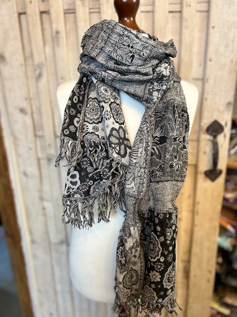 Black floral floral jacquard wool & silk muffler scarf by Pashmina Love view 2