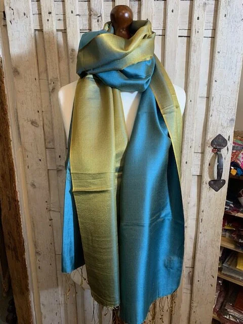 Pure silk turquoise lime reversible pashmina shawl by Pashmina Love