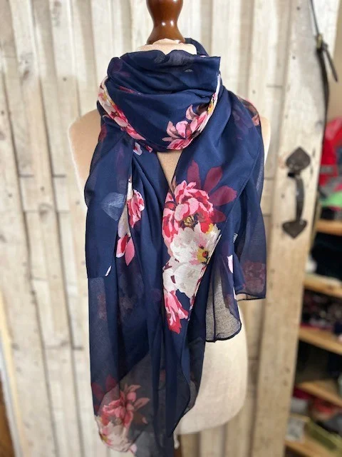 Lge JOULES navy blue floral print pashmina scarf. view 2