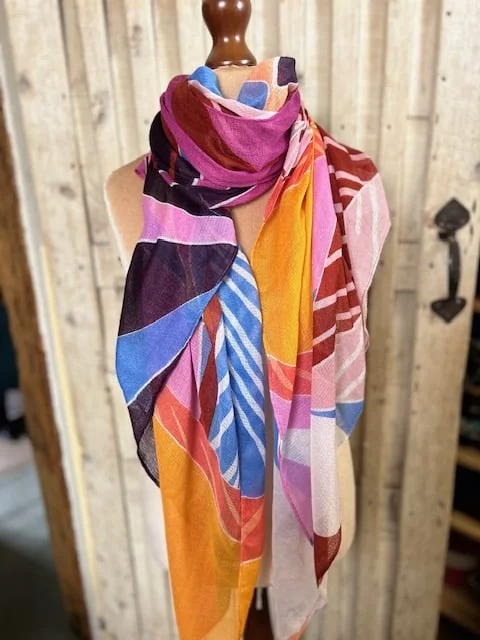 Bright block print linen viscose blend pashmina sarong scarf