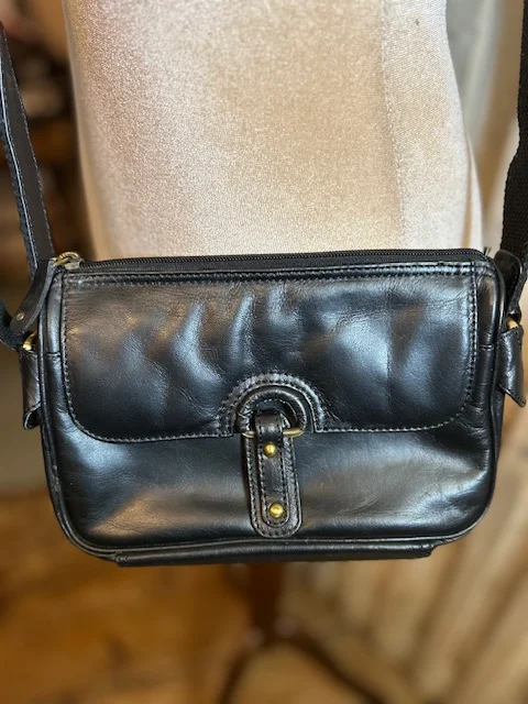 Small black real leather across body satchel shoulder bag