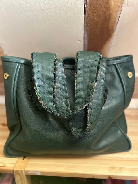 Large POUPA LITZA dark green soft leather tote shopper bag