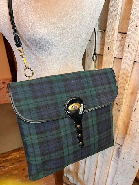 True vintage plaid check blue & green satchel shoulder bag