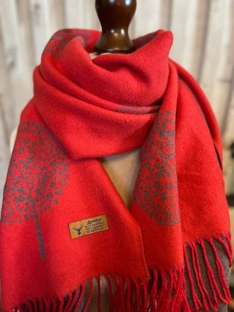LUCKY red grey reversible tree pattern knit pashmina scarf shawl view 3