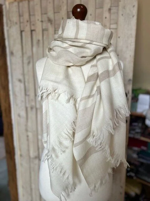 Natural ecru yarn dyed stripe quality merino woollen stole by Pashmina Love