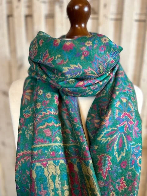 Jade traditional Kani floral reversible fine wool shawl by Pashmina Love