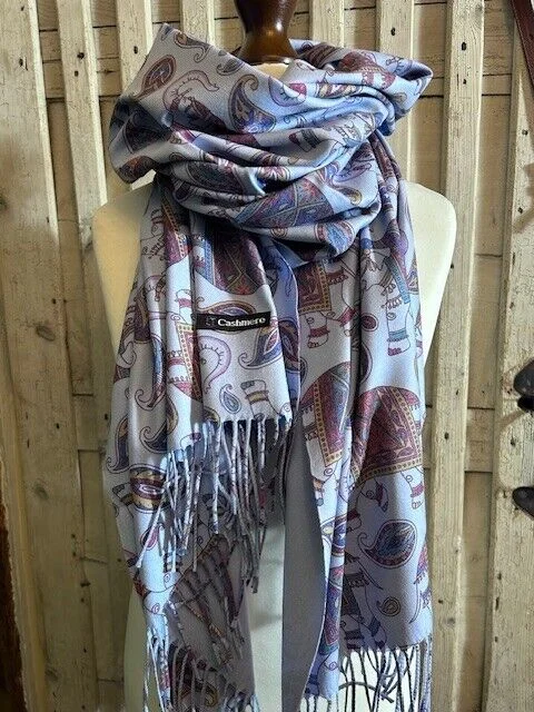 Blue multi fine wool Indian elephant print tassel pashmina by Pashmina Love view 2