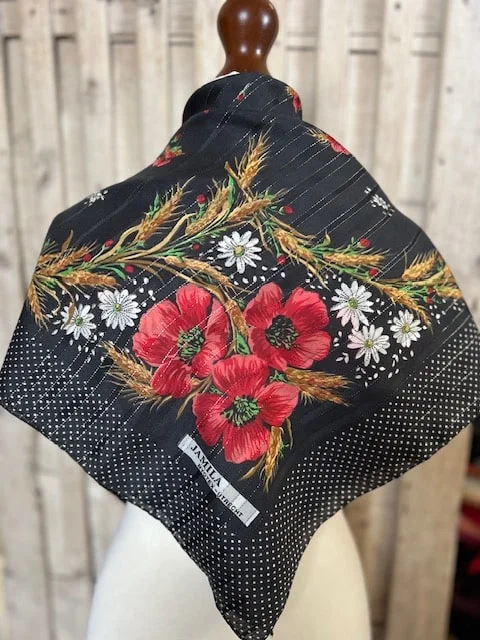 Black spot square scarf with red poppies & silver shimmer