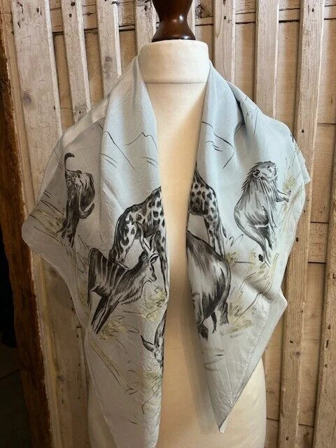 Large vintage grey safari animal print square scarf shawl view 2