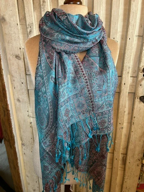 Rich turquoise paisley pure silk Jamawar pashmina shawl by Pashmina Love view 2