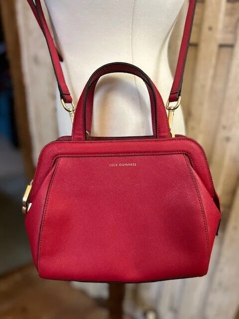 Designer Lulu Guinness red leather across body satchel top handle shoulder bag