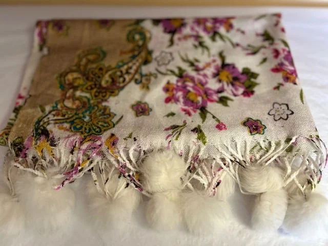 White multi floral wool & cashmere pom pom tassel pashmina scarf view 4