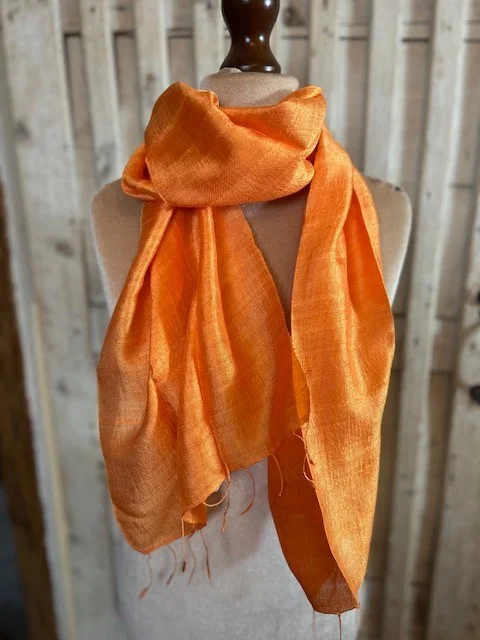 Tangerine orange pure slub silk tassel end muffler scarf
