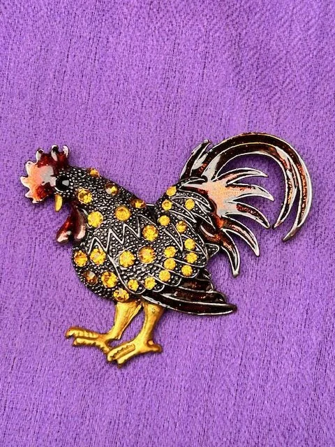 Large enamel crystal embellished cockerel brooch pin