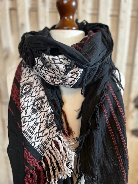 Black cotton embroidered boho hippy tassel edged pashmina shawl