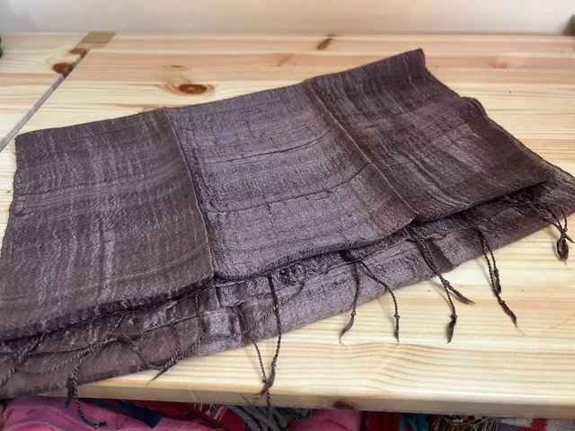 Milk chocolate brown pure slub silk tassel end muffler scarf view 5