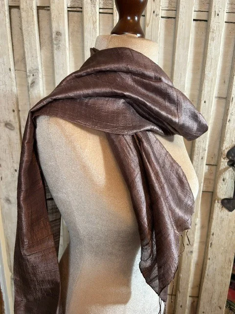 Milk chocolate brown pure slub silk tassel end muffler scarf view 4