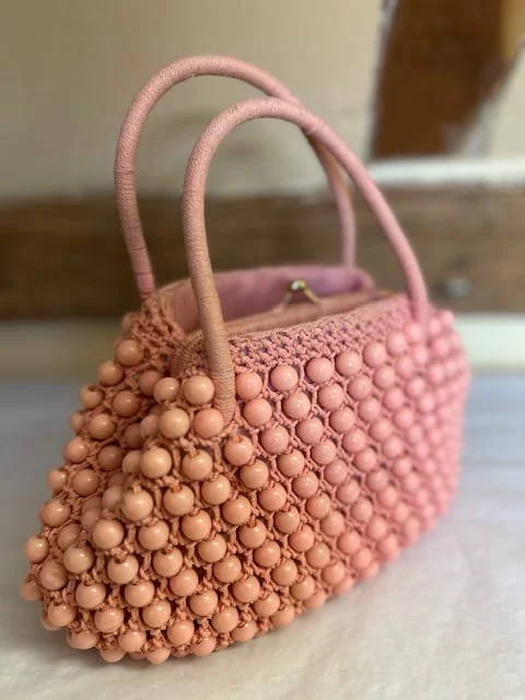 Vintage style baby pink beaded top handle handbag