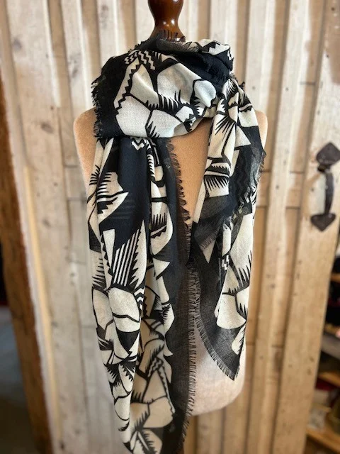 XL Black beige print square fringe edged scarf shawl view 2