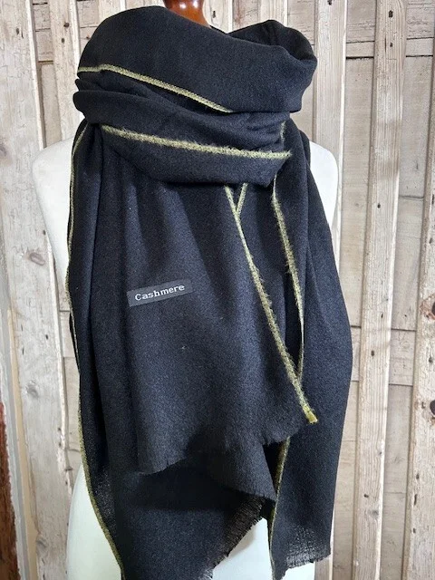 Black fine quality wool yellow stripe edged pashmina by Pashmina Love.