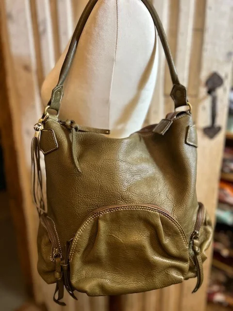 Large BLONDIE MANIA olive khaki rustic leather slouch sac boho hobo shoulder bag