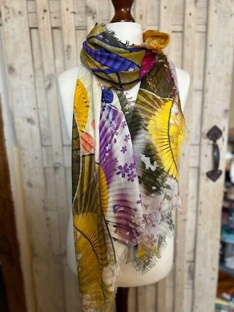 Yellow oriental fans fine woven silk 4 side fringe pashmina by Pashmina Love view 2