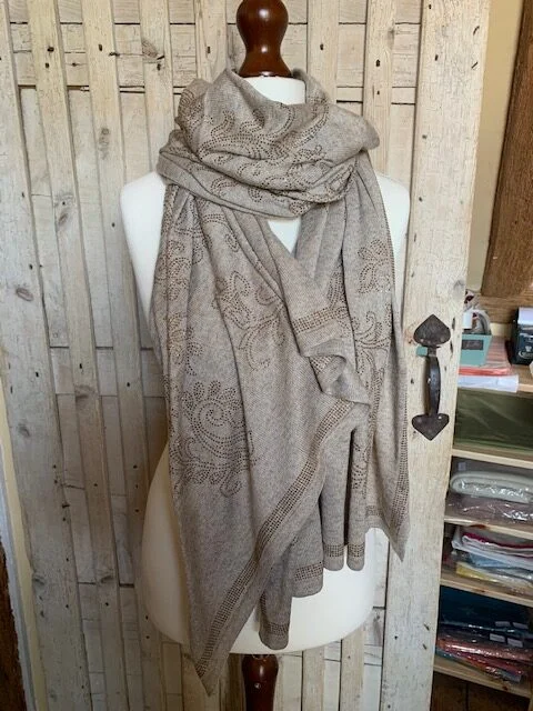 Luxury beige cashmere & wool knit pashmina shawl with Swarovski crystals by Pashmina Love