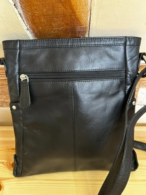 Black leather across body messenger style shoulder bag view 7