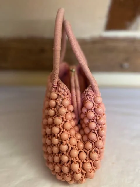 Vintage style baby pink beaded top handle handbag view 5